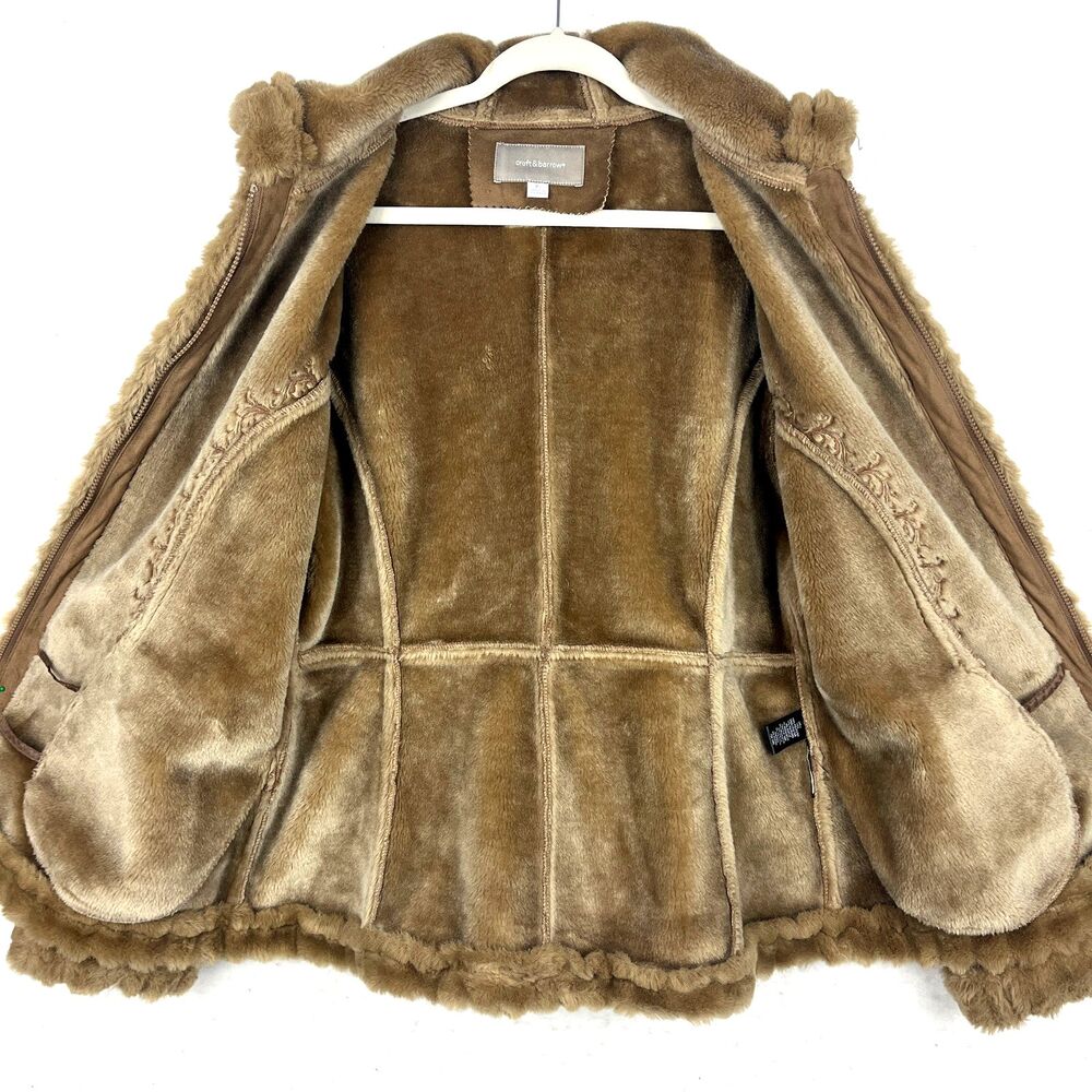 Faux Suede Jacket Womens SZ XL Faux Fur Trim Hood Embroidered Floral Soft Brown - Picture 7 of 11